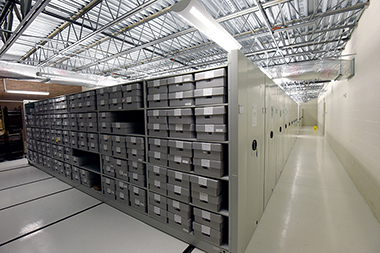 The repository stores archaeological collections on a large moveable shelving system